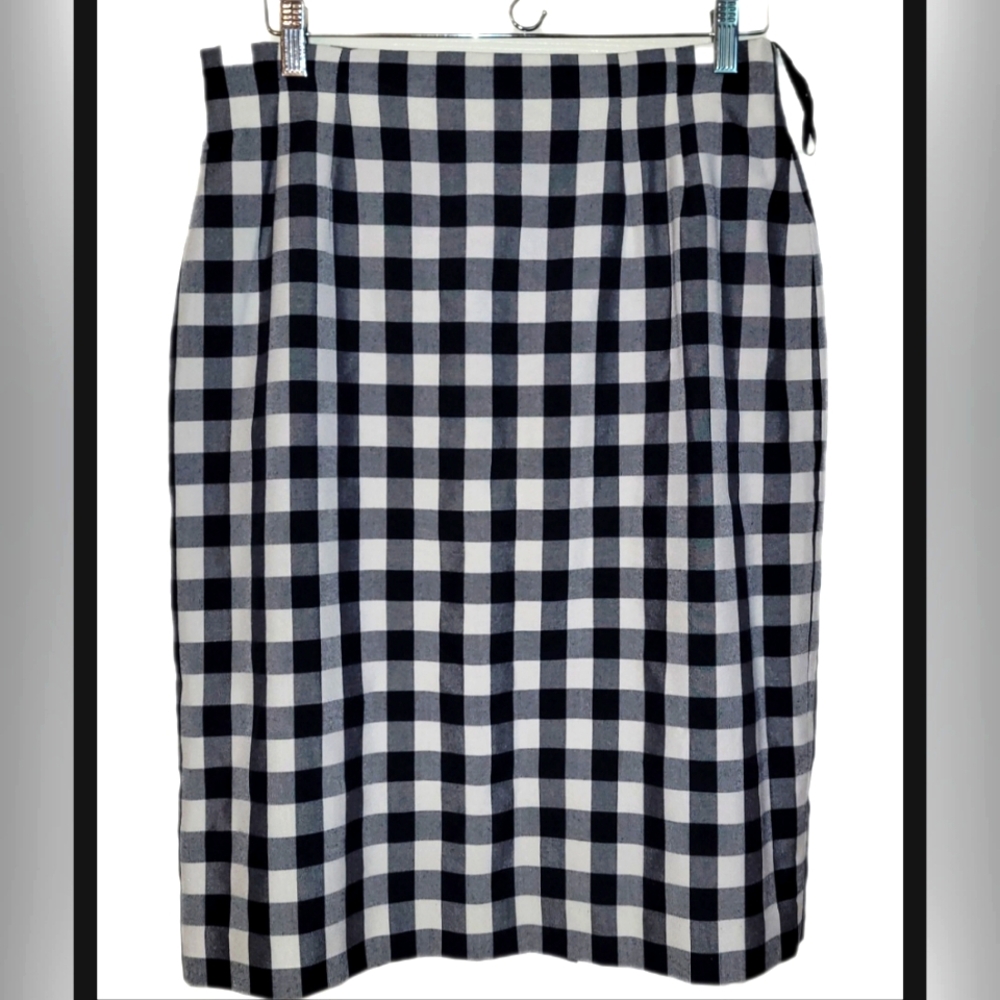 Kasper ASL Navy White Gingham Straight Skirt Size 14 Office Preppy